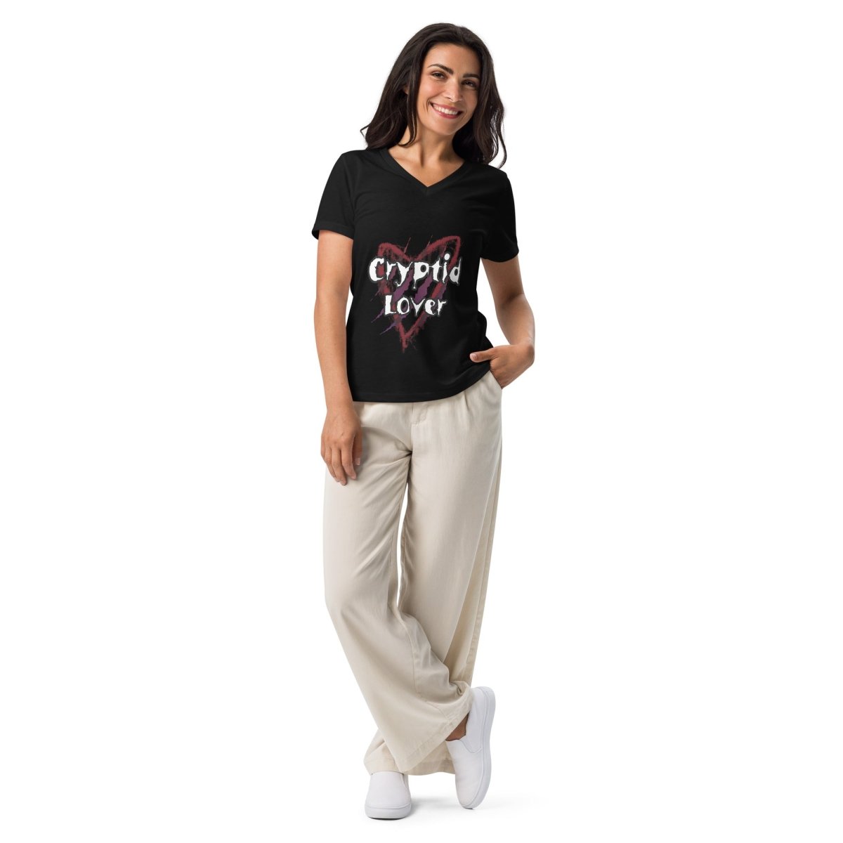 Women’s Cryptid Lover Horror Gothic relaxed v - neck t-shirt - CuddlyCryptids